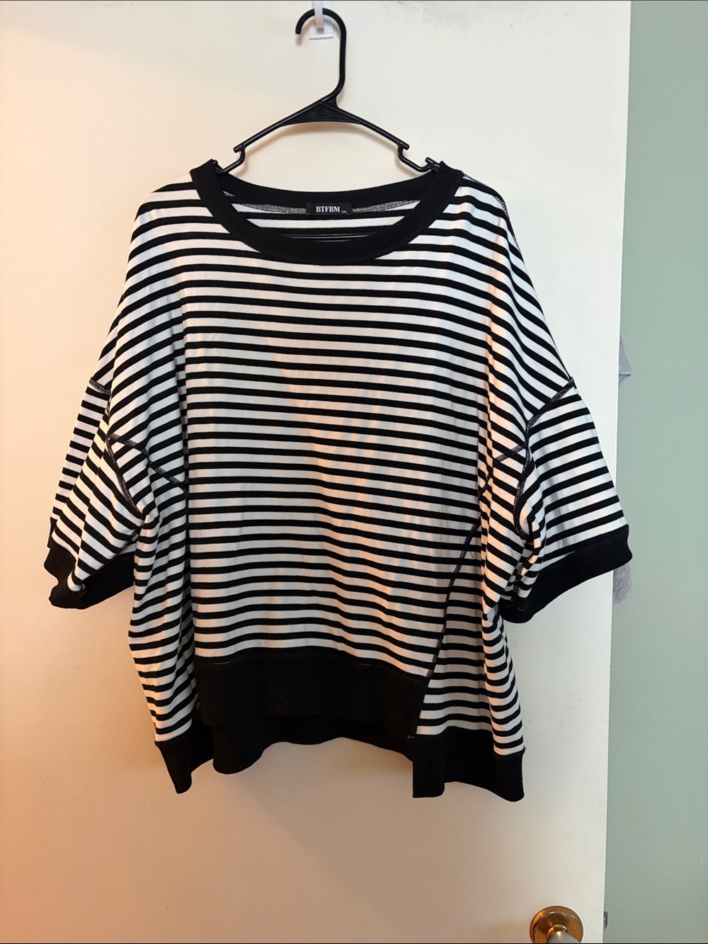 Boxy Black & White Striped Short Sleeve Sweatshirt